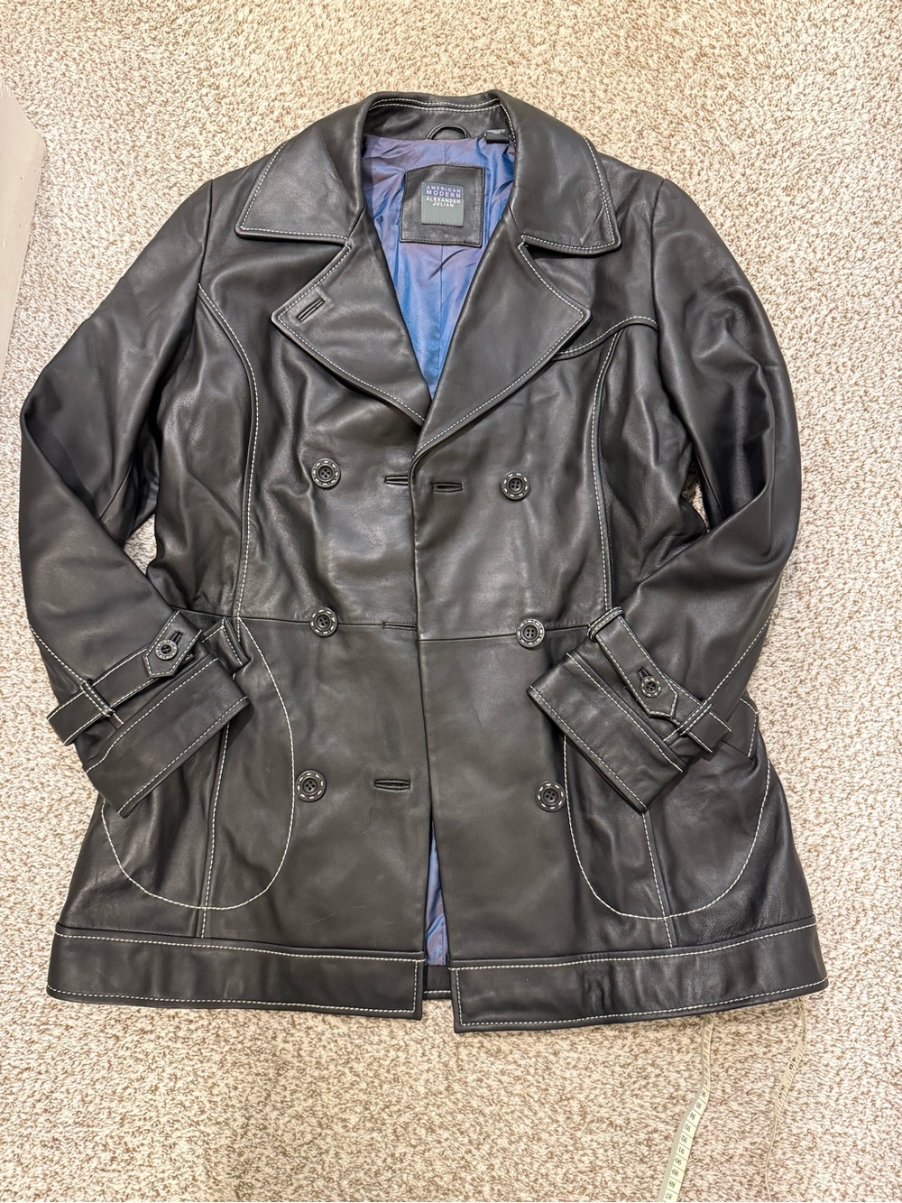 American modern Alexander Julian genuine leather trench jacket contrast stitch L